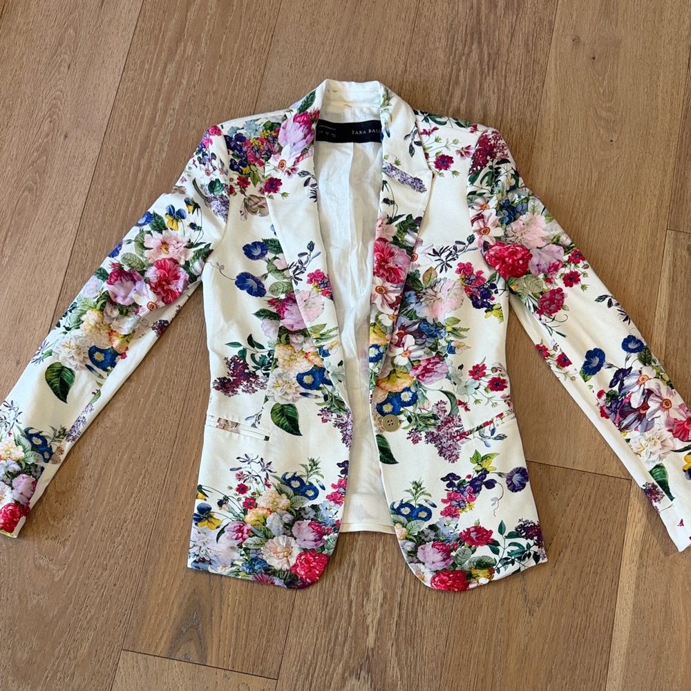 Zara Floral Print Women's Blazer Jacket - cream Multicolor